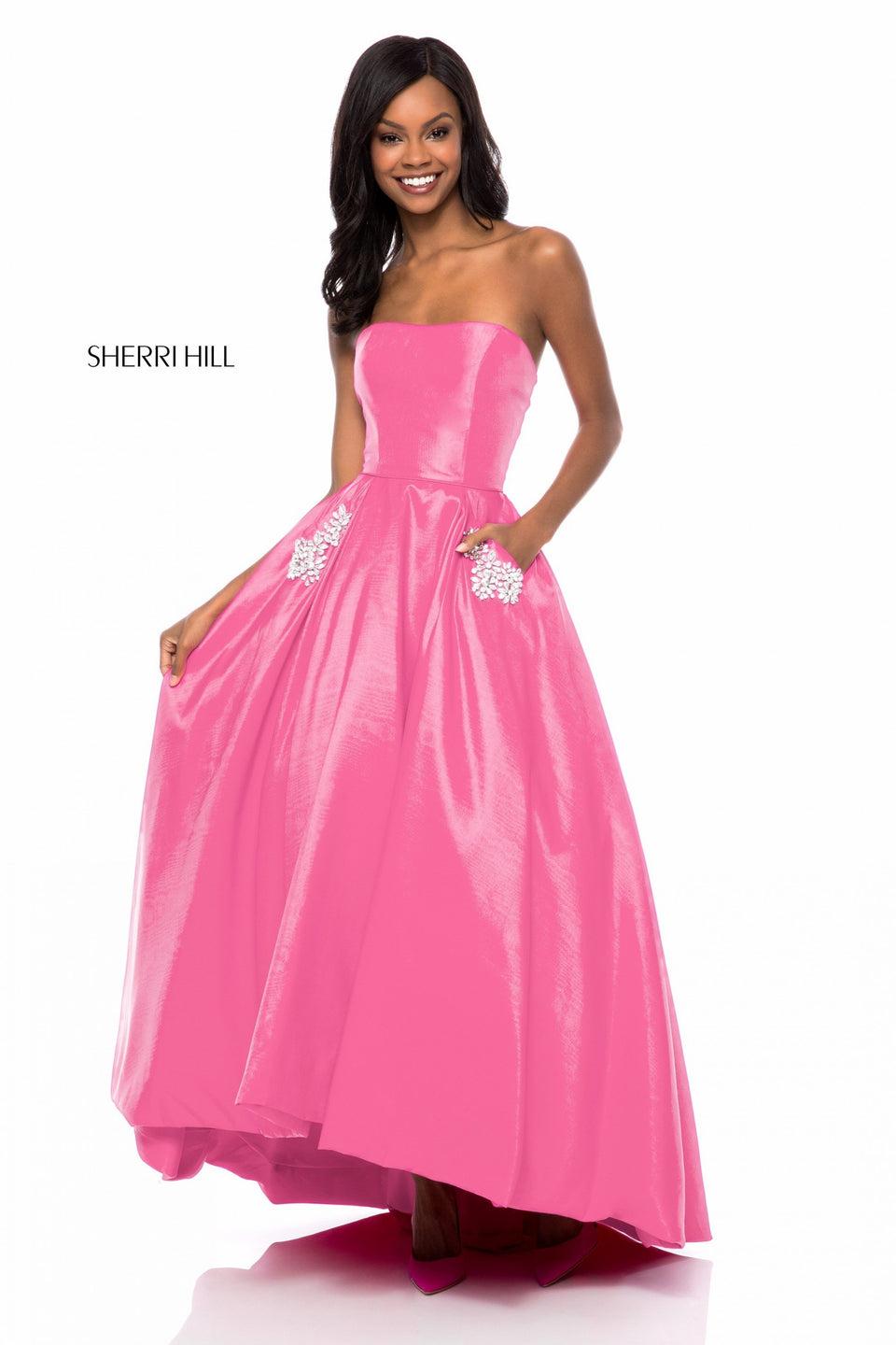 Sherri Hill Strapless Satin Tea Length Ball Gown With Bead Detail On Pockets