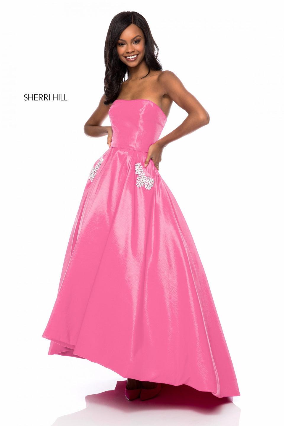 Sherri Hill Strapless Satin Tea Length Ball Gown With Bead Detail On Pockets