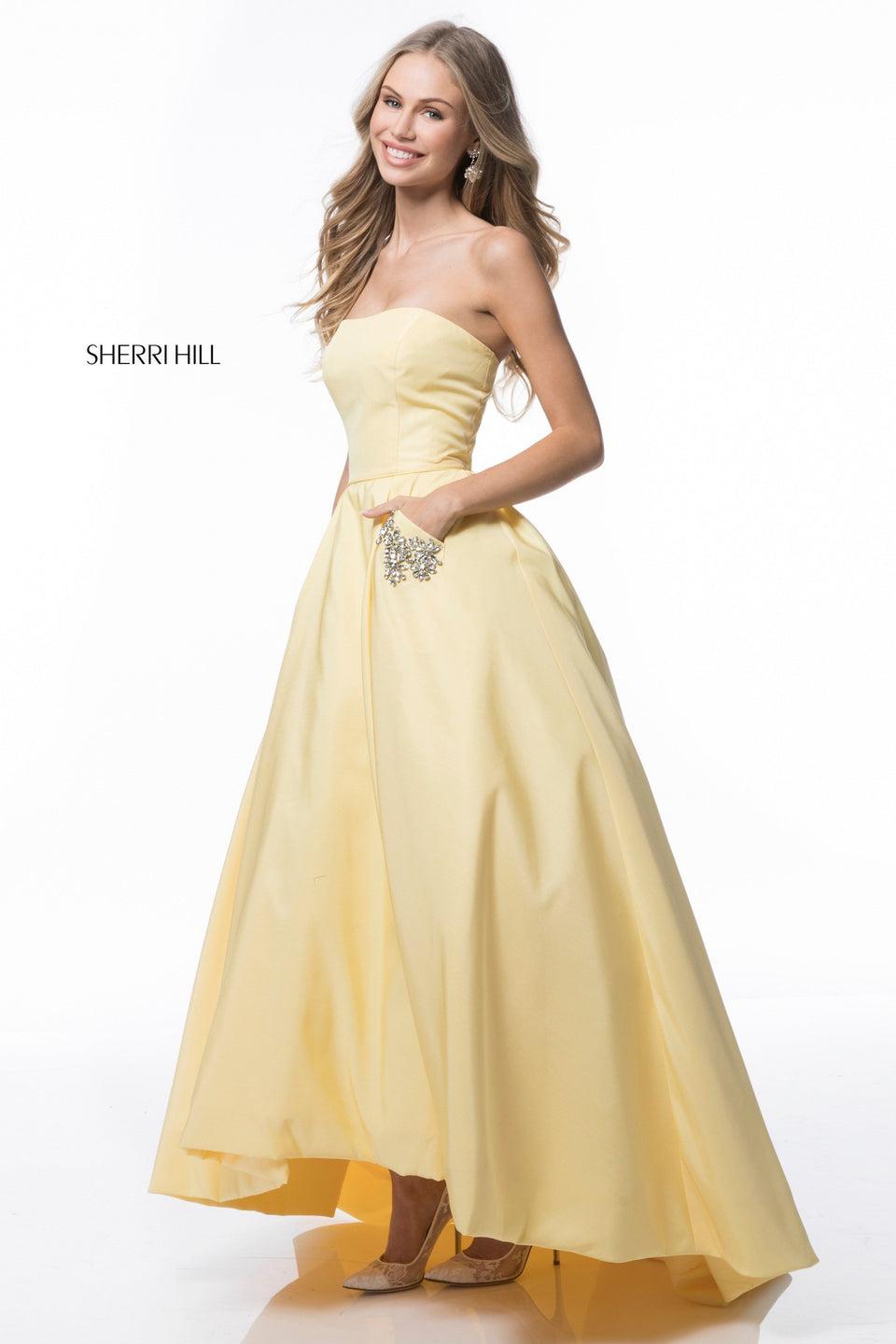 sherri hill Strapless satin tea length ball gown with bead detail on pockets