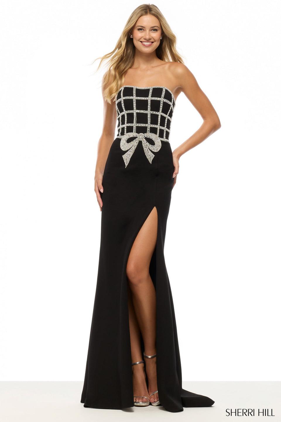 Sherri Hill Strapless Scuba Dress With Bead Embellishments And A Skirt Slit