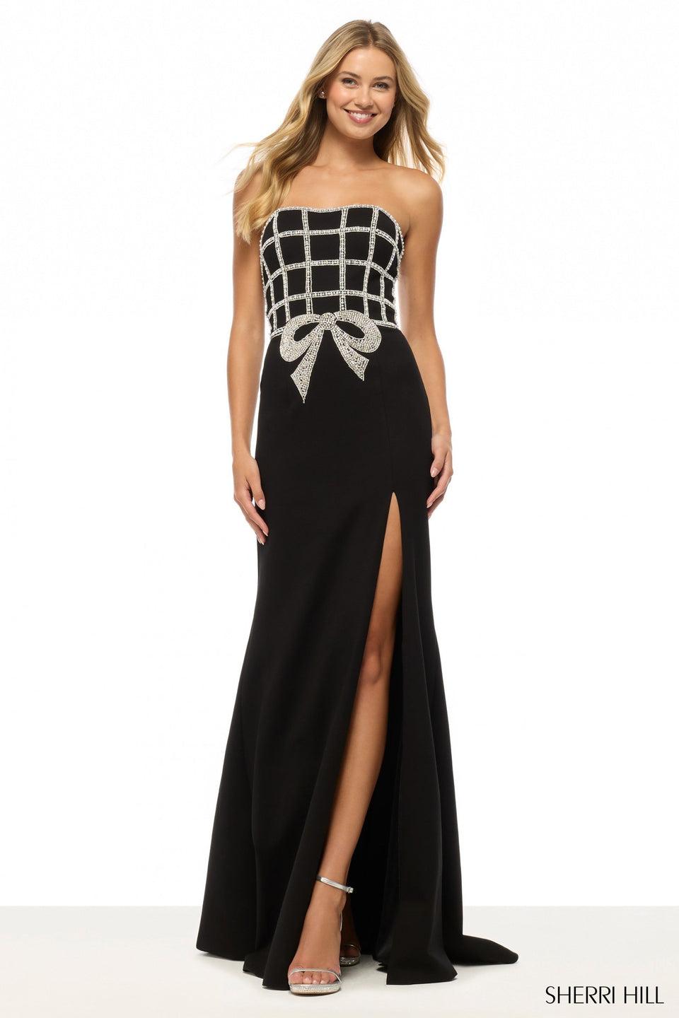 sherri hill Strapless scuba dress with bead embellishments and a skirt slit
