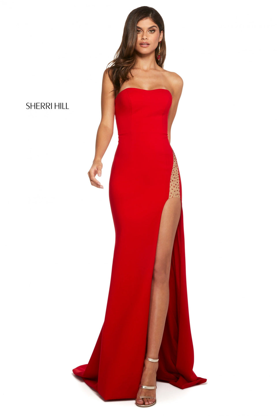 sherri hill Strapless scuba dress with high illusion embellished leg slit
