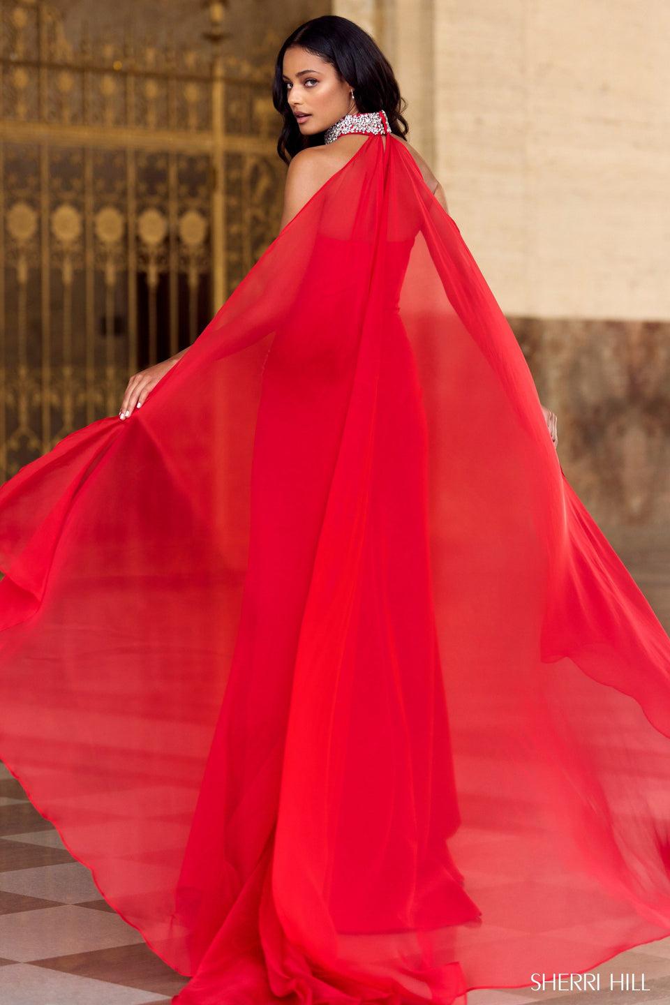 Sherri Hill Strapless Scuba Gown With A Rhinestone Chocker Chiffon Cape And A High Skirt Slit