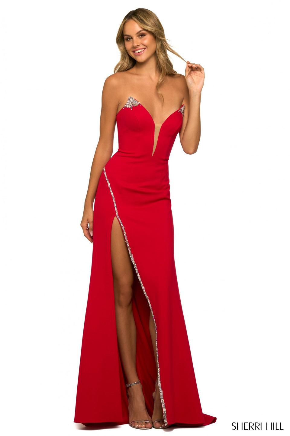Sherri Hill Strapless Scuba Gown With Beaded Embellishments And Deep V Illusion Neckline