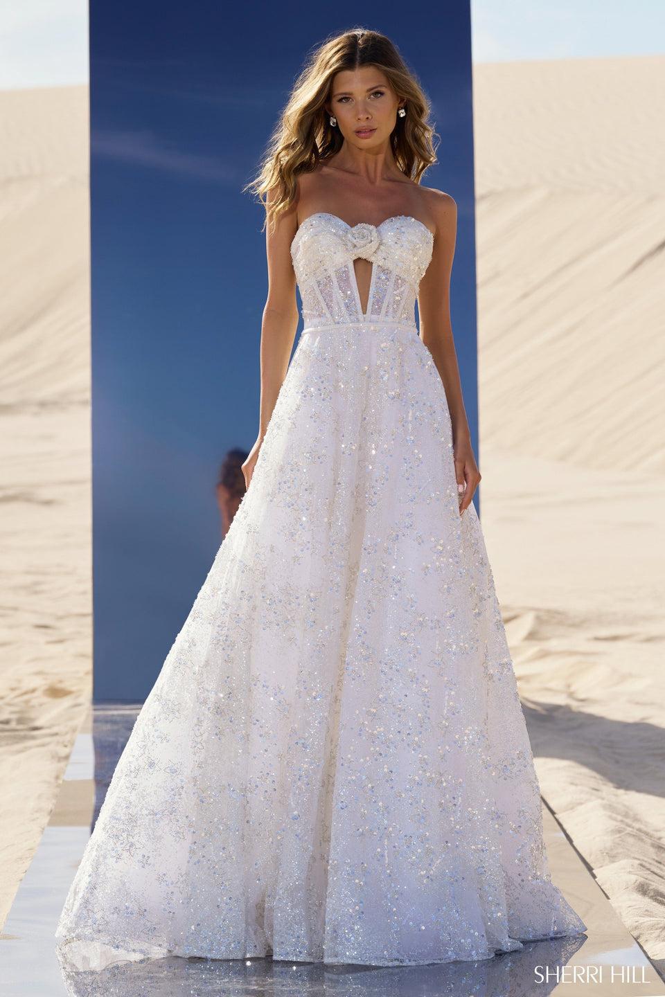 sherri hill Strapless sequin ball gown with sheer key hole on bodice