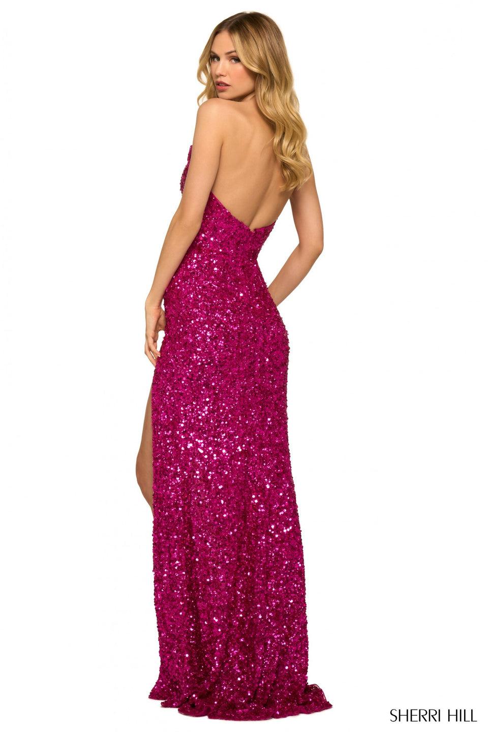Sherri Hill Strapless Sequin Gown With Deep V Illusion Neckline And High Slit