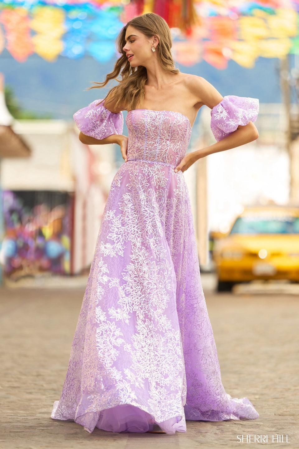 Sherri Hill Strapless Sequin Lace Ballgown With Corset Top Detachable Balloon Sleeves And Slit