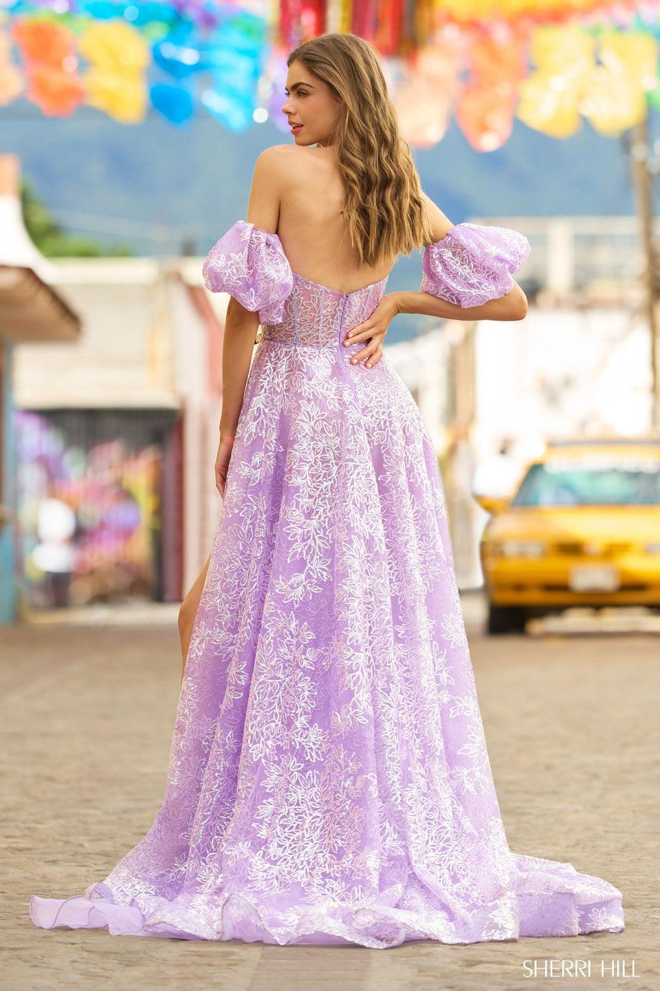 Sherri Hill Strapless Sequin Lace Ballgown With Corset Top Detachable Balloon Sleeves And Slit