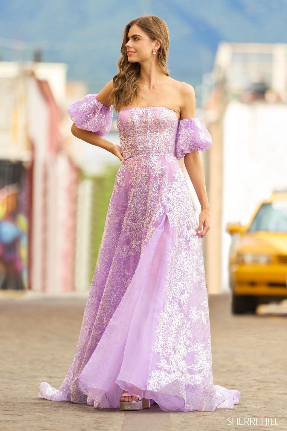 sherri hill Strapless sequin lace ballgown with corset top detachable balloon sleeves and slit