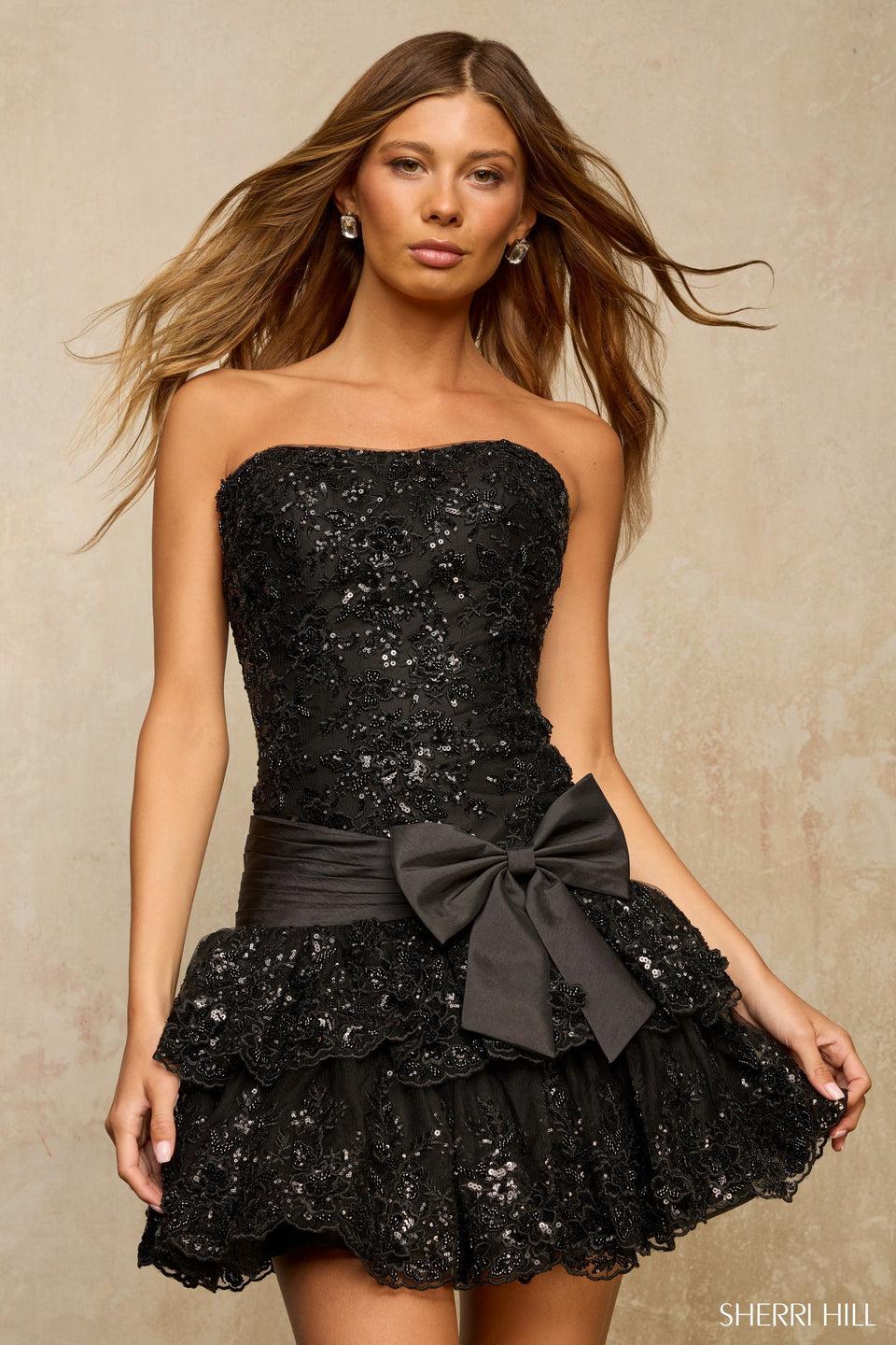 Sherri Hill Strapless Sequin Lace Cocktail Dress With Drop Waist Bodice Ruffle Skirt And A Bow