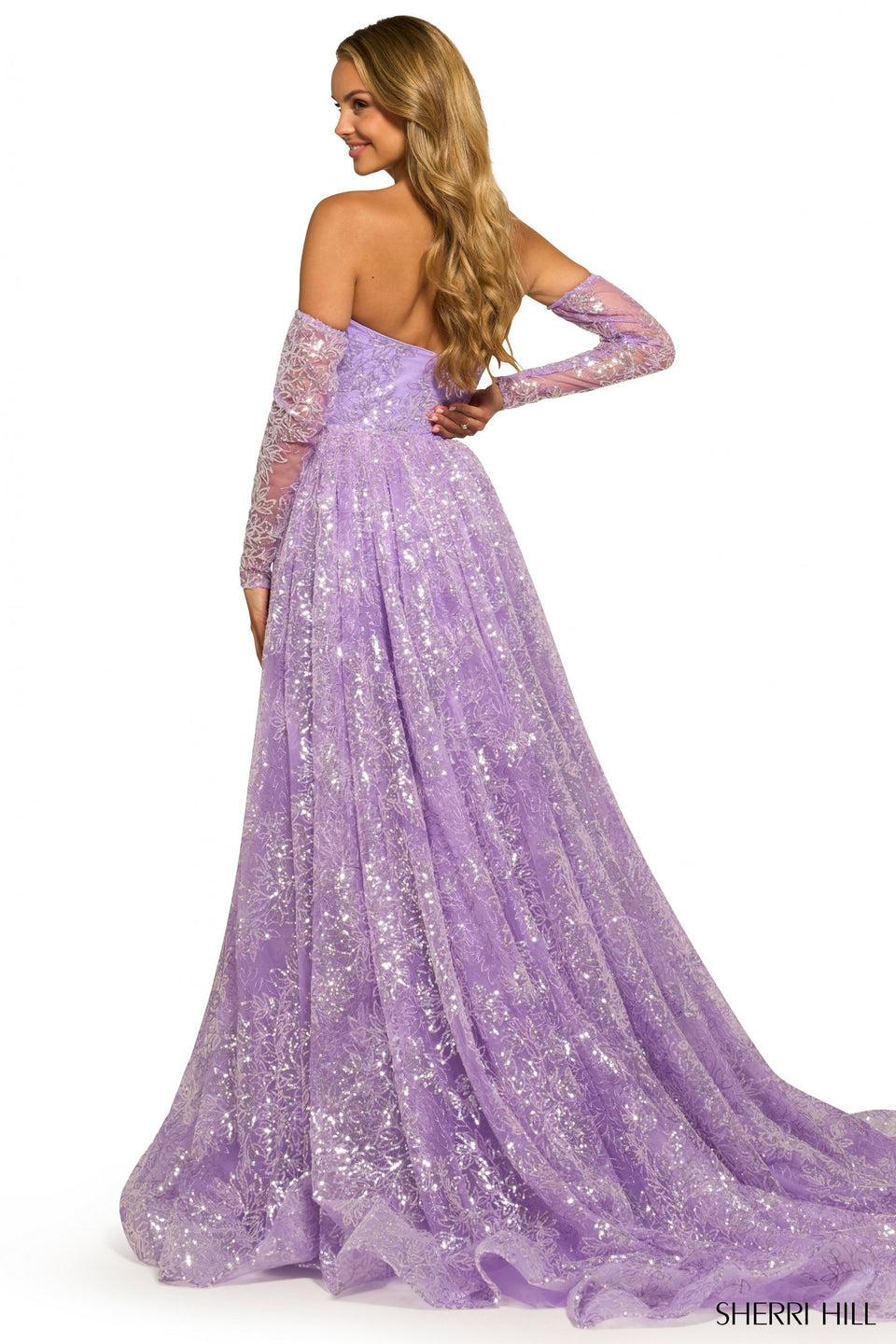 Sherri Hill Strapless Sequin Lace Fitted Gown With Detachable Skirt And Deep V Illusion Neckline