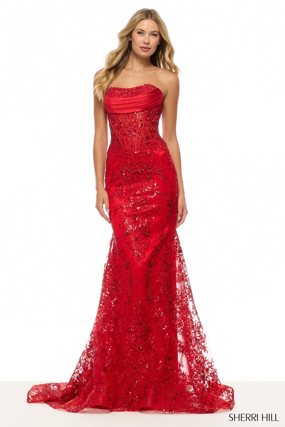Sherri Hill Strapless Sequin Lace Gown With Corset Bodice