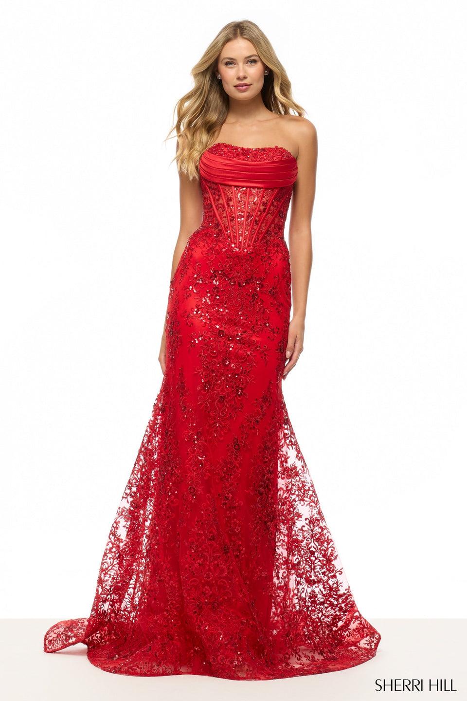 sherri hill Strapless sequin lace gown with corset bodice