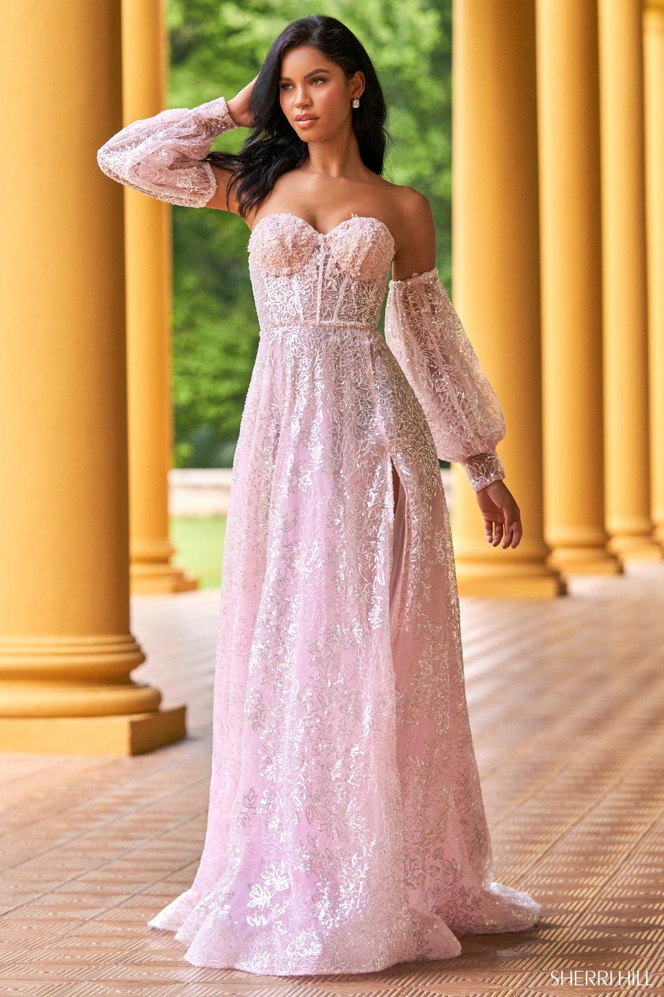 Sherri Hill Strapless Sequin Lace Gown With Removable Long Sequin Sleeves