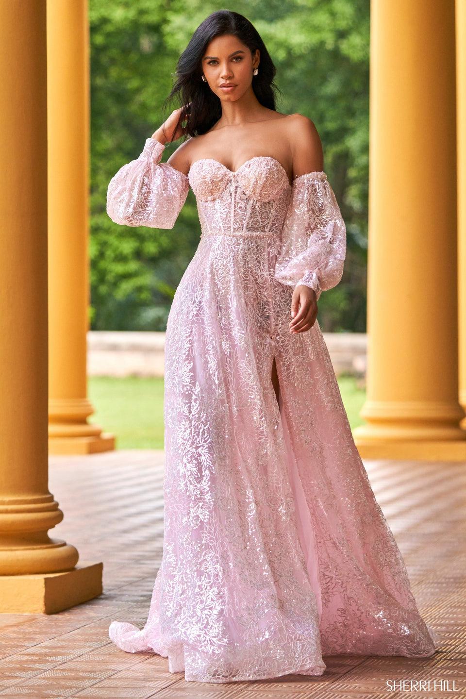 sherri hill Strapless sequin lace gown with removable long sequin sleeves