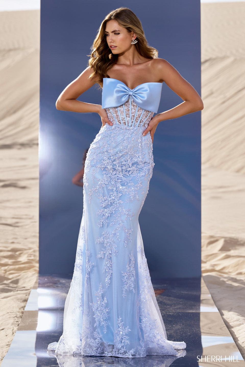 Sherri Hill Strapless Sequin Lace Gown With Taffeta Bow On Neckline
