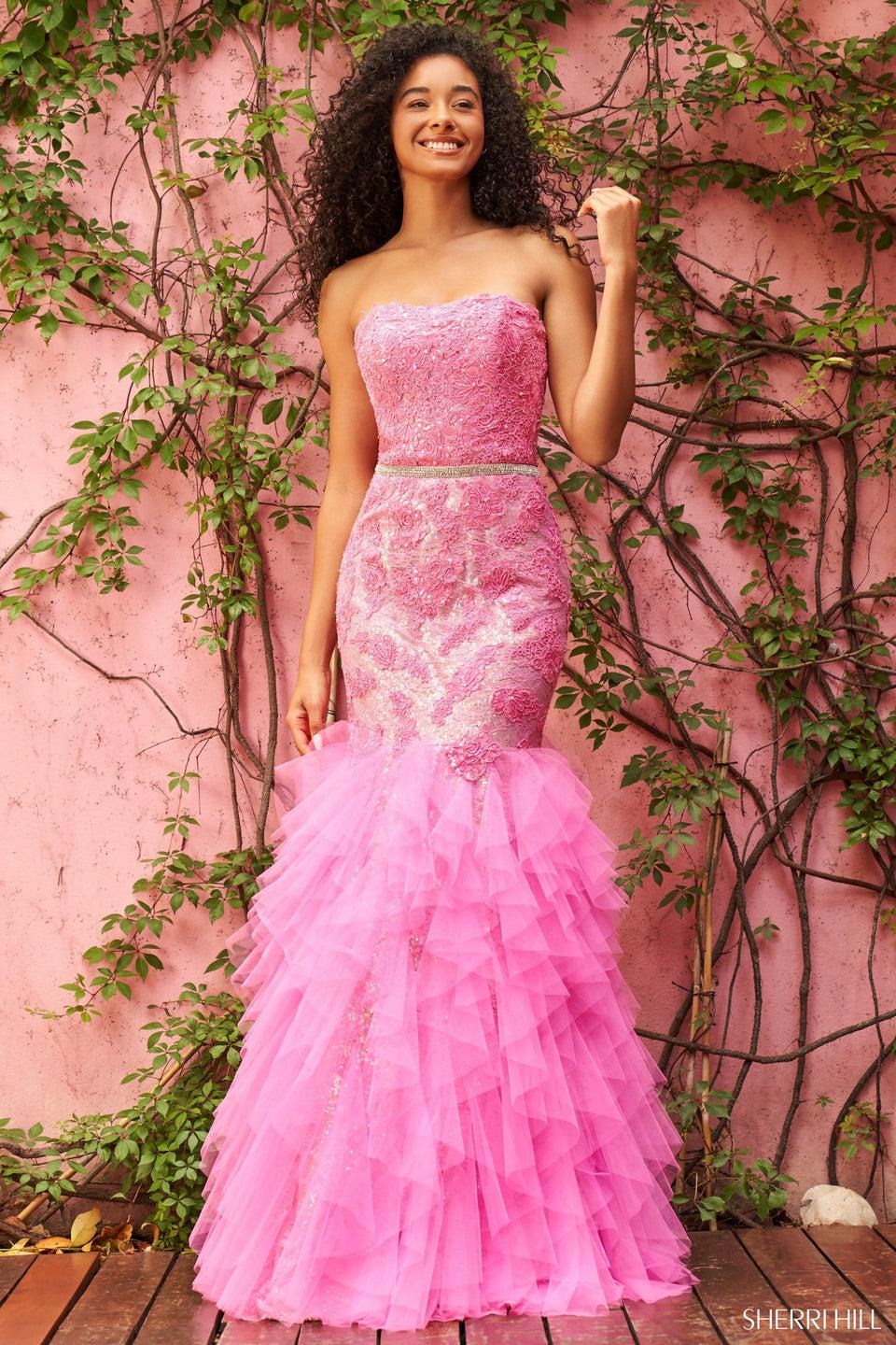 Sherri Hill Strapless Sequin Lace Mermaid Gown With Thin Beaded Waistband And Ruffle Tulle Tiered Skirt