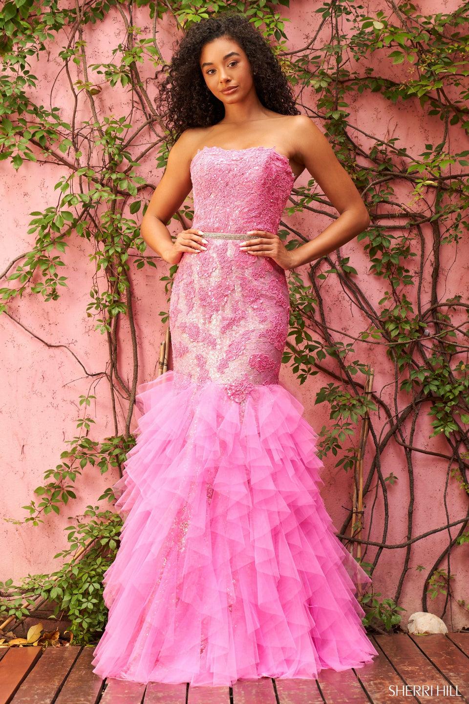 sherri hill Strapless sequin lace mermaid gown with thin beaded waistband and ruffle tulle tiered skirt