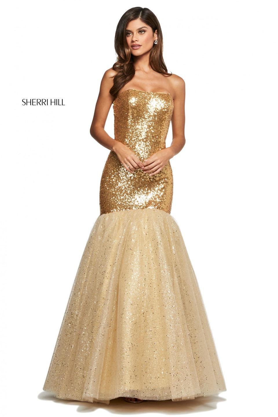 sherri hill Strapless sequin mermaid gown with glitter tulle bottom