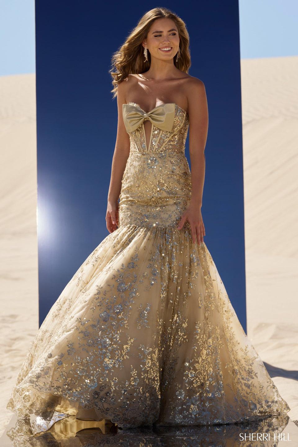 Sherri Hill Strapless Sequin Mermaid Gown With Sheer Key Hole Bodice
