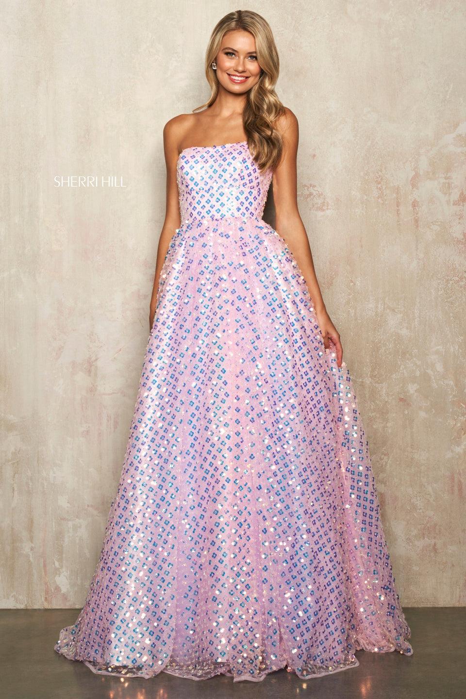 sherri hill Strapless sequin patterned ball gown with crochet style lace up back