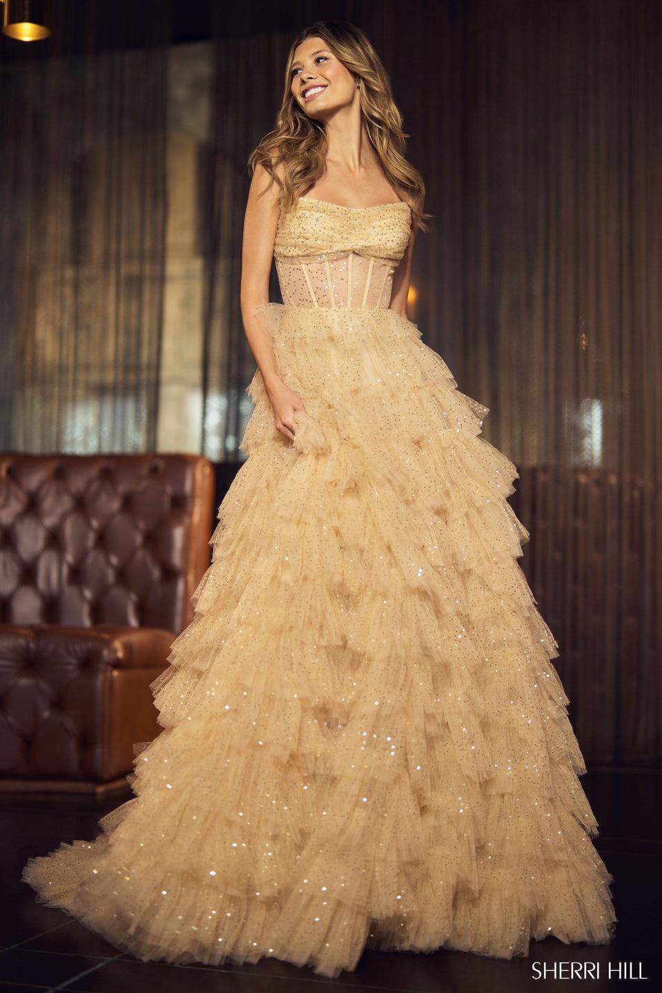 Sherri Hill Strapless Sequin Tulle Ball Gown With Sheer Corset Bodice And Ruffle Skirt