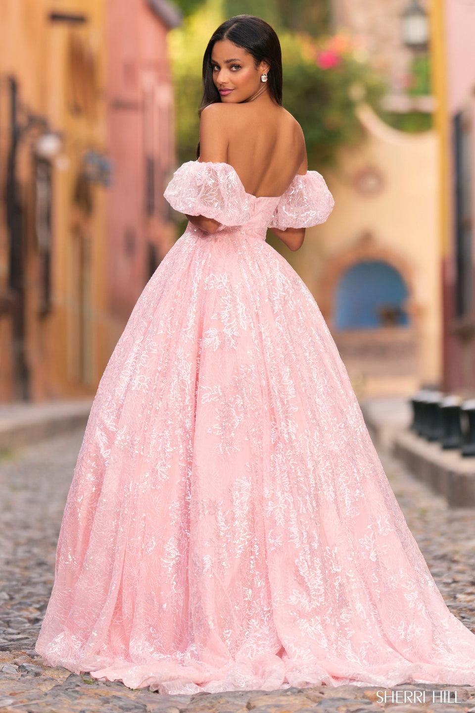 Sherri Hill Strapless Sequin Tulle Ballgown With Removable Ballon Sleeves