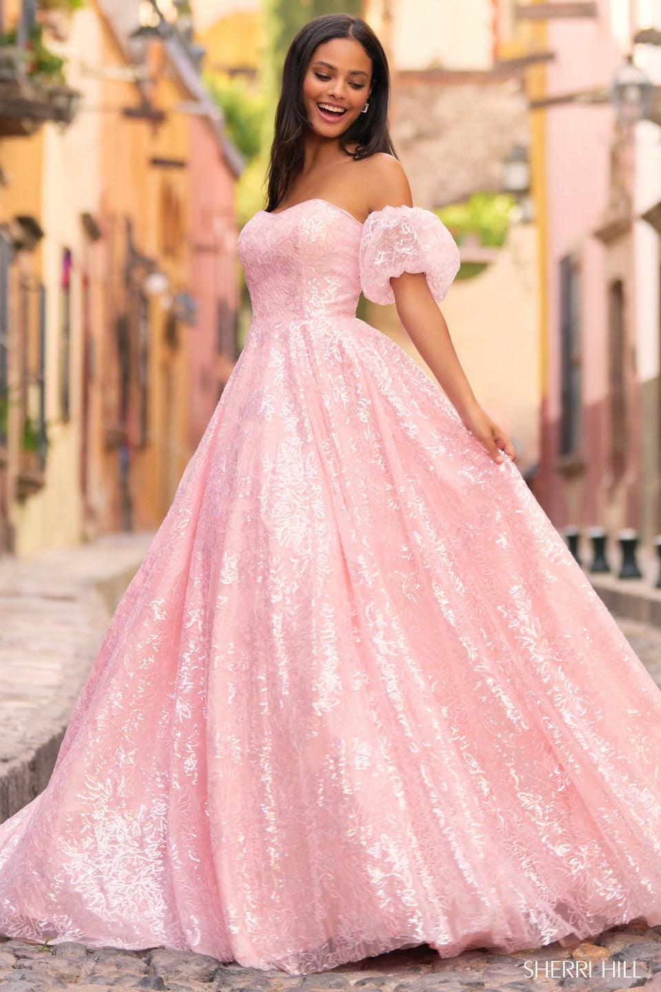 sherri hill Strapless sequin tulle ballgown with removable ballon sleeves sherri hill Strapless sequin tulle ballgown with removable ballon sleeves