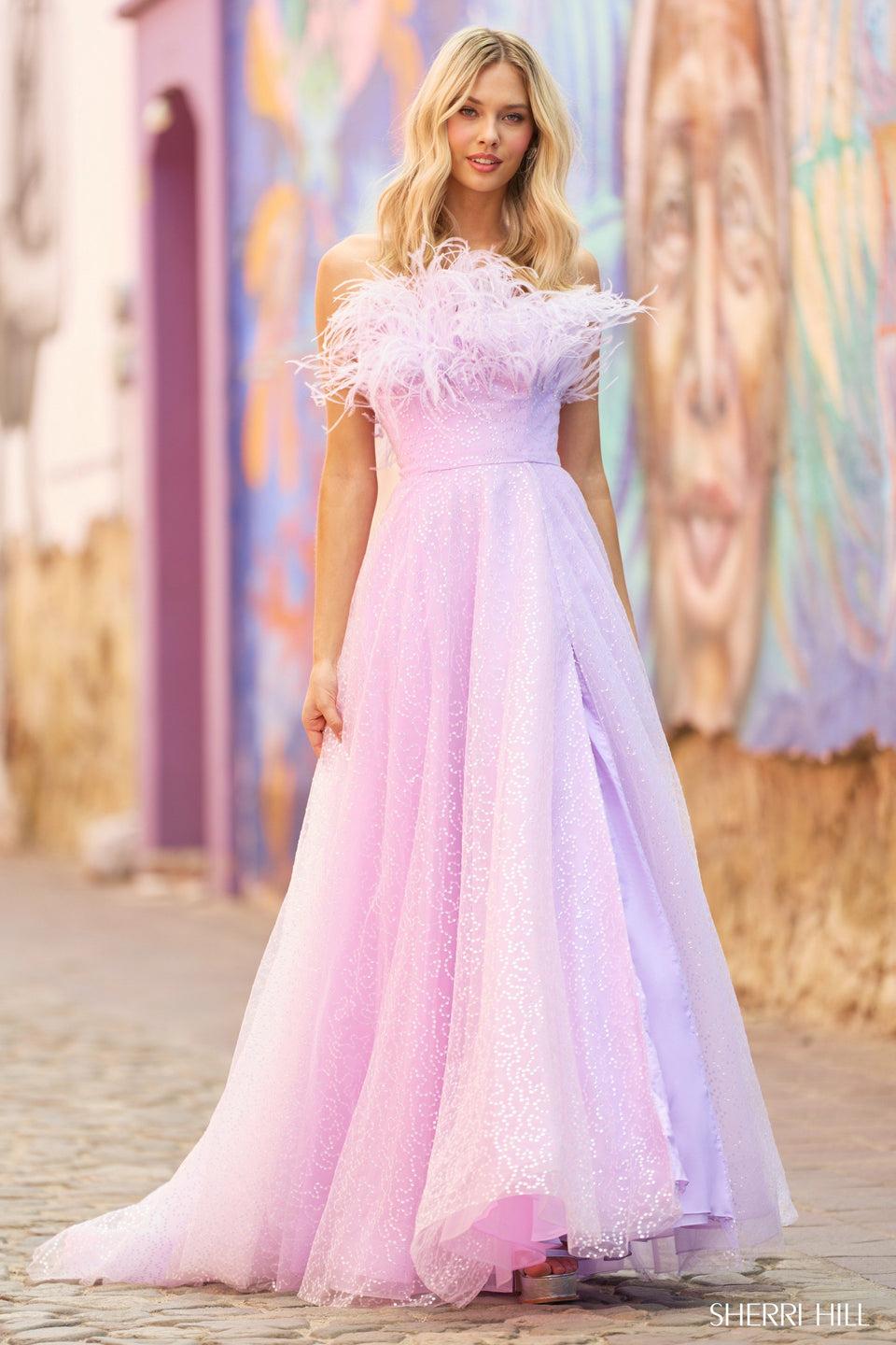 Sherri Hill Strapless Sequin Tulle Chiffon A-Line Gown With Ostrich Feather Neckline And Skirt Slit