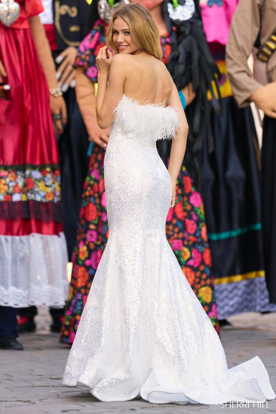 Sherri Hill Strapless Sequin Tulle Mermaid With Feathered Trim At The Top