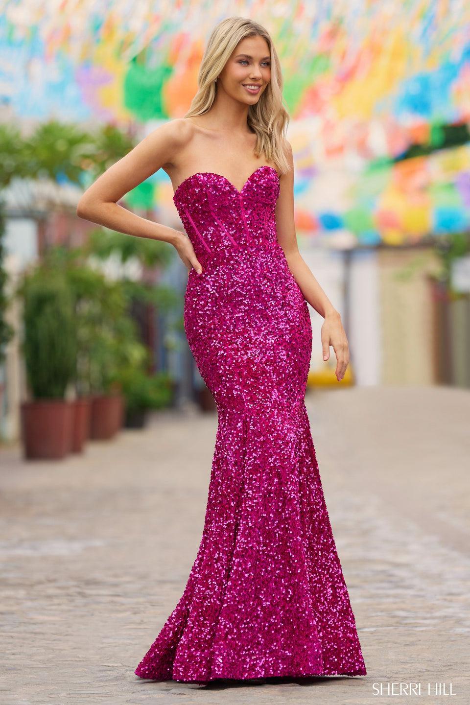 sherri hill Strapless sequin velvet gown with corset top