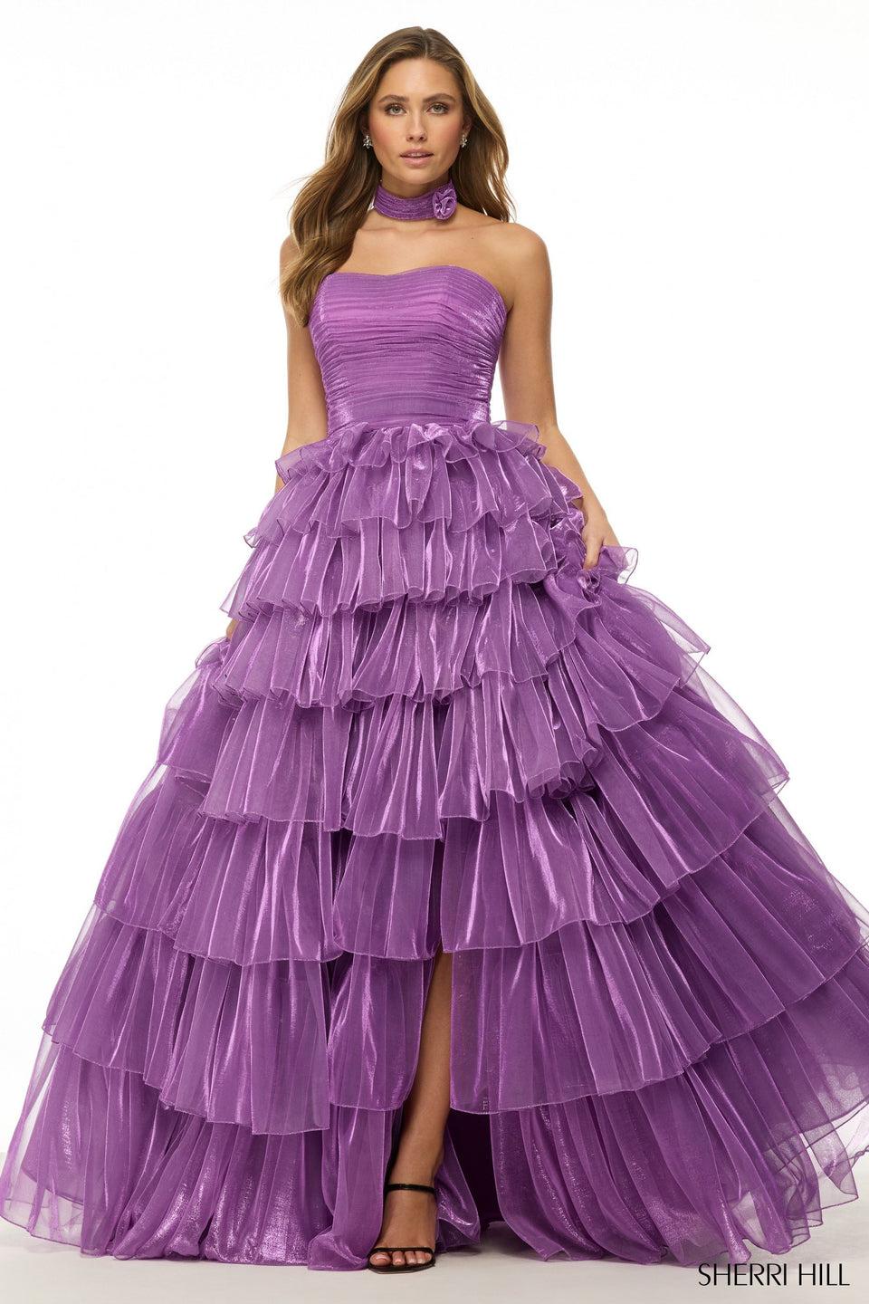 Sherri Hill Strapless Shimmer Ball Gown With Ruffle Skirt And Rosette Choker