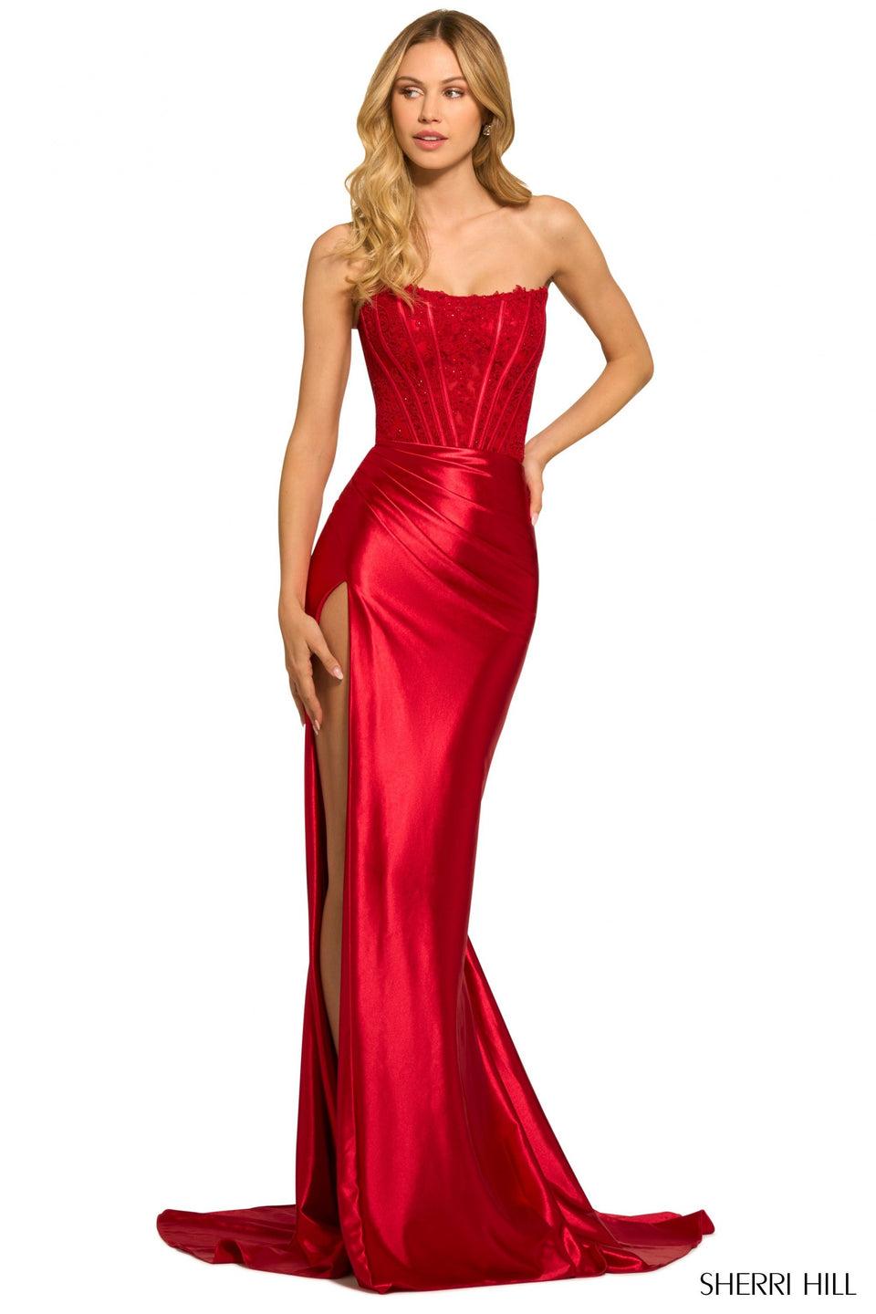 Sherri Hill Strapless Silky Stretched Satin Gown With Lace Corset Top And High Slit