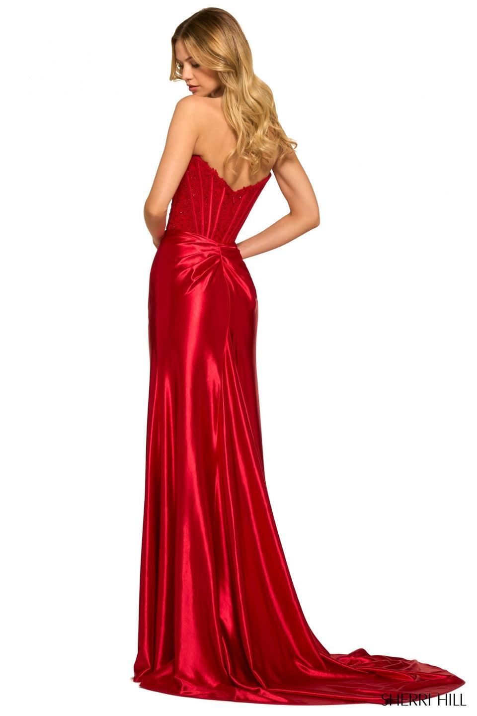 Sherri Hill Strapless Silky Stretched Satin Gown With Lace Corset Top And High Slit
