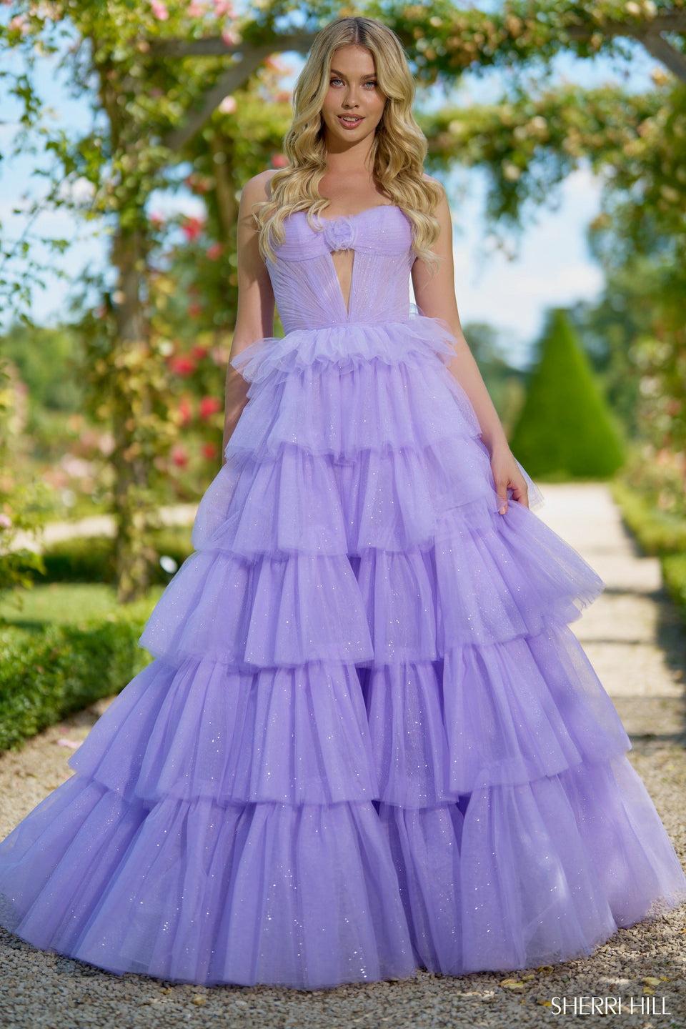 Sherri Hill Strapless Sparkle Tulle Ballgown With Ruffle Skirt Keyhole And Rosette Embellishment