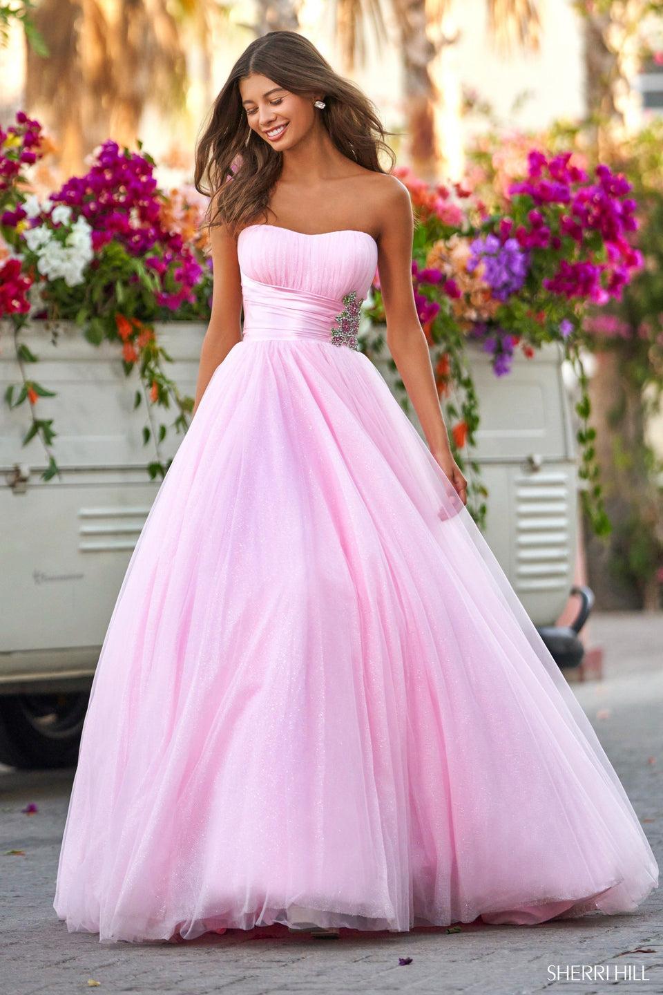 Sherri Hill Strapless Sparkle Tulle Ballgown With Silk Wrapped Bodice And Beaded Embellishments