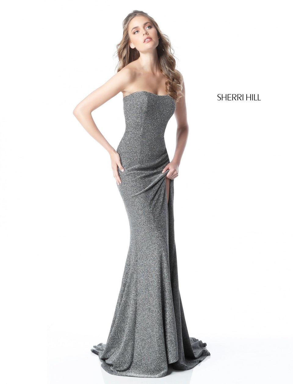 Sherri Hill Strapless Sparkly Stretch Scuba Gown With Slit Skirt