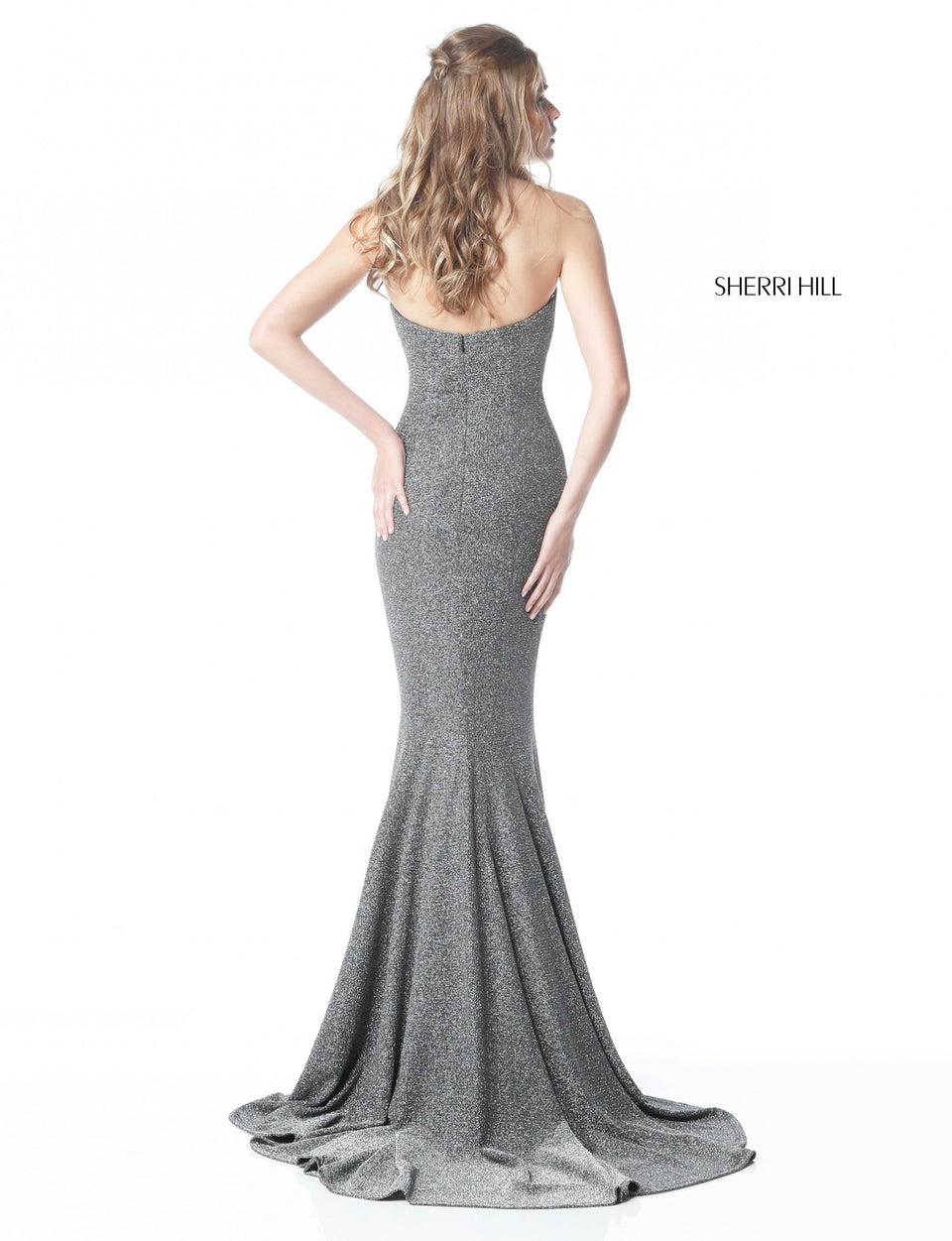 Sherri Hill Strapless Sparkly Stretch Scuba Gown With Slit Skirt