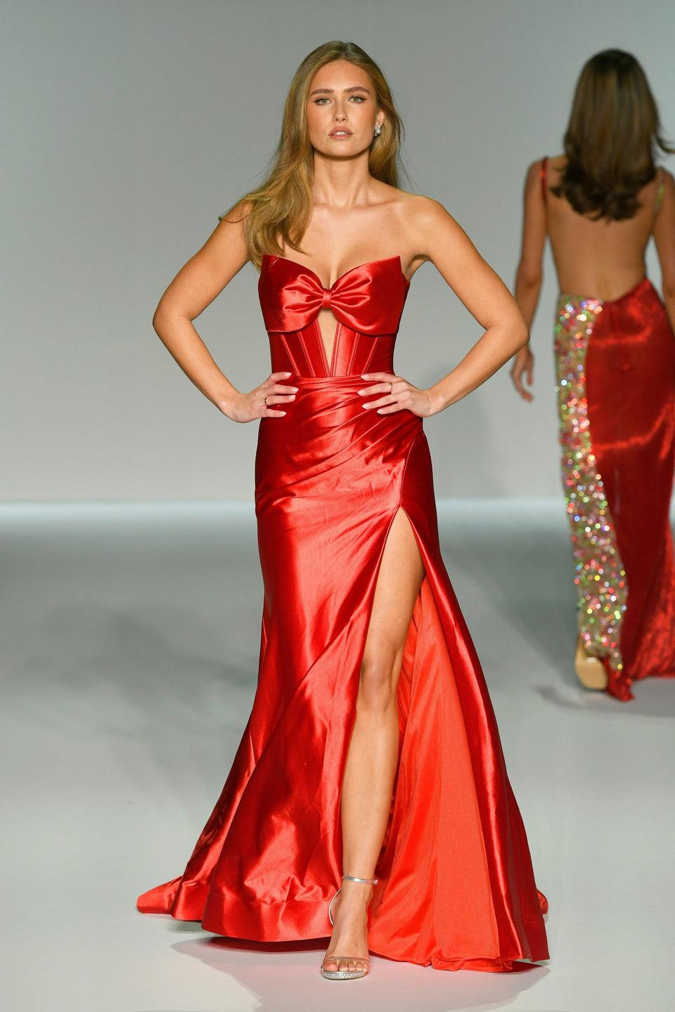 Sherri Hill Strapless Stretch Satin Fitted Gown With Corset Bodice Keyhole Bow And Skirt Slit