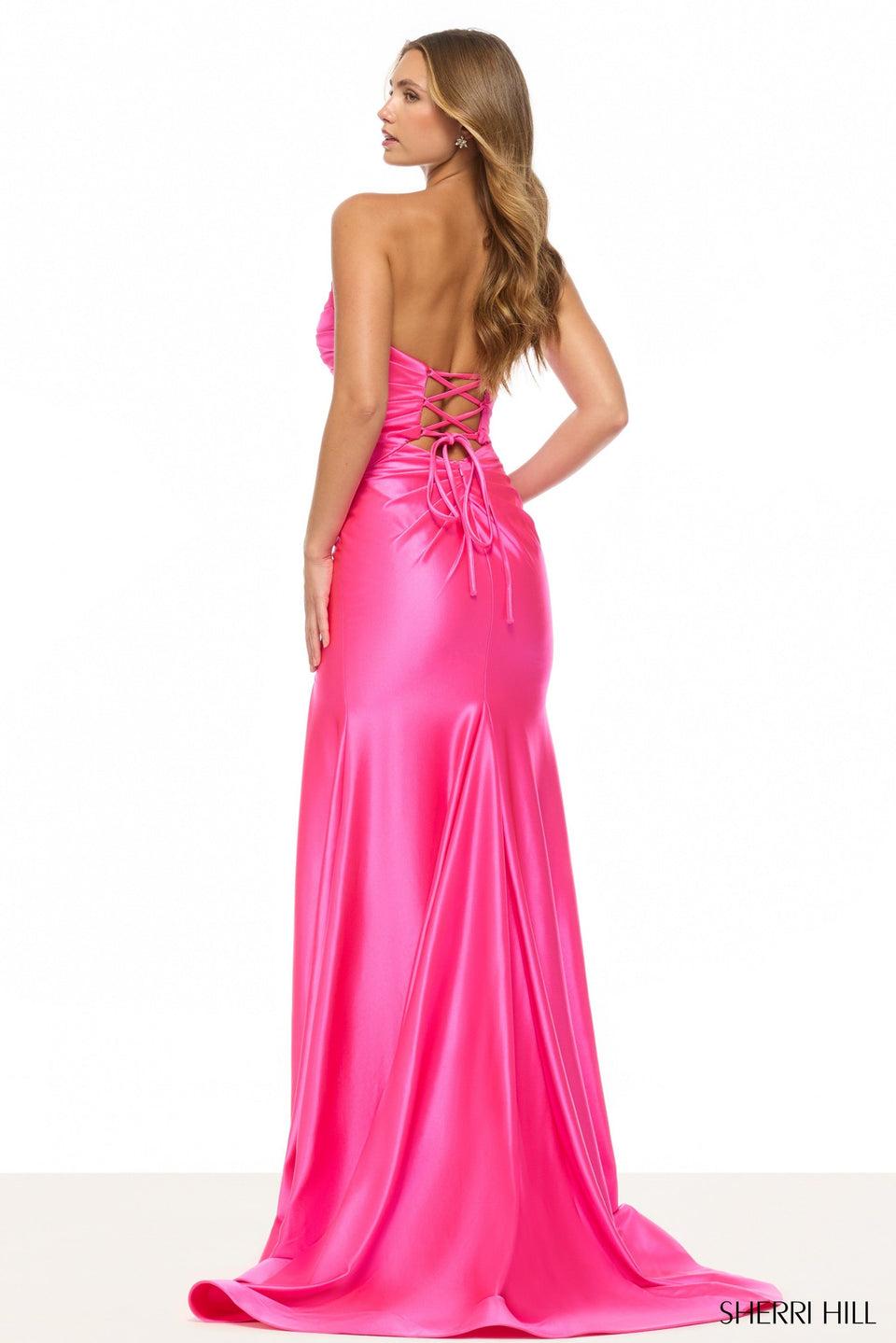 Sherri Hill Strapless Stretch Satin Gown With A Keyhole And A Skirt Slit
