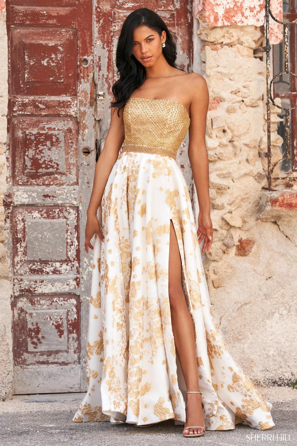 Sherri Hill Strapless Swarovski Beaded Bodice Ball Gown With Metallic Print And Skirt Slit