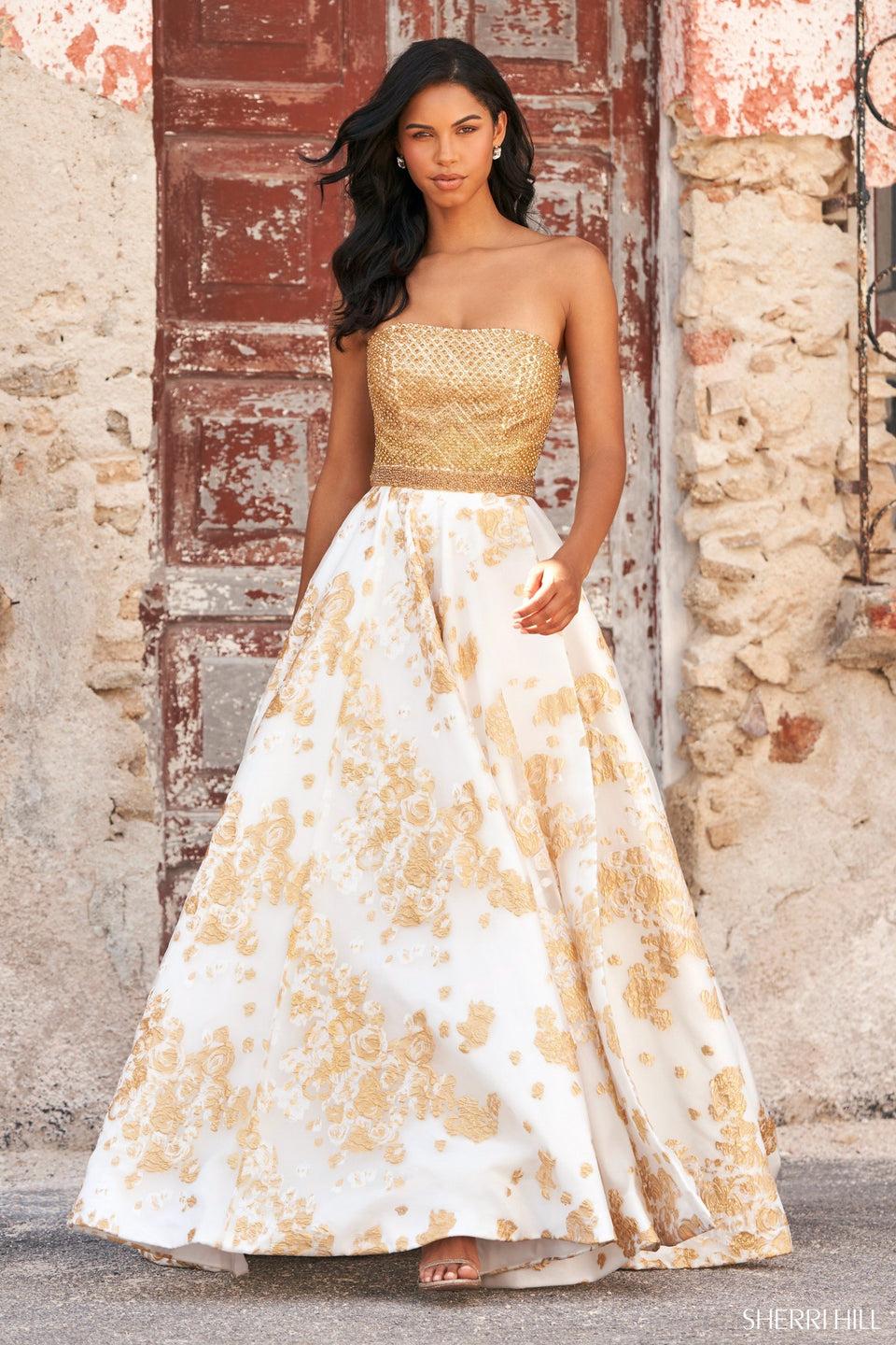 sherri hill Strapless Swarovski beaded bodice ball gown with metallic print and skirt slit
