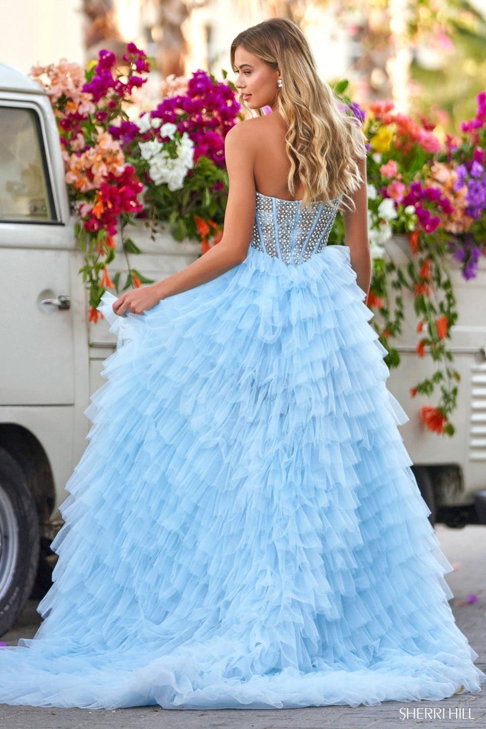 Sherri Hill Strapless Swarovski Beaded Corset With High Low Ruffle Skirt