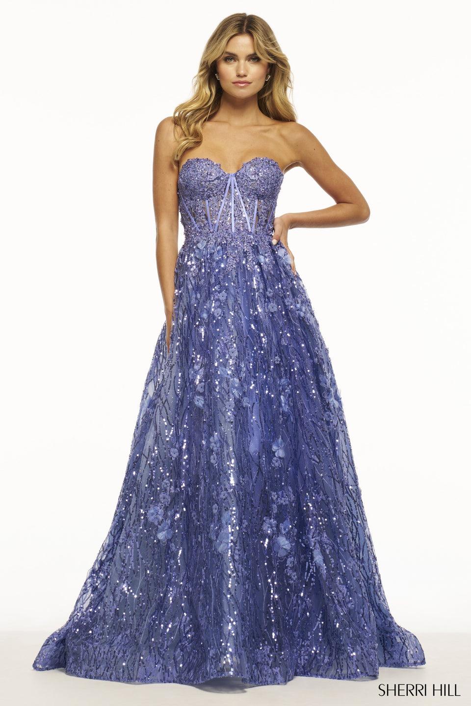 Sherri Hill Strapless Sweatheart Neckline Lace Ball Gown With Boned Bodice Corset And 3D Flowers