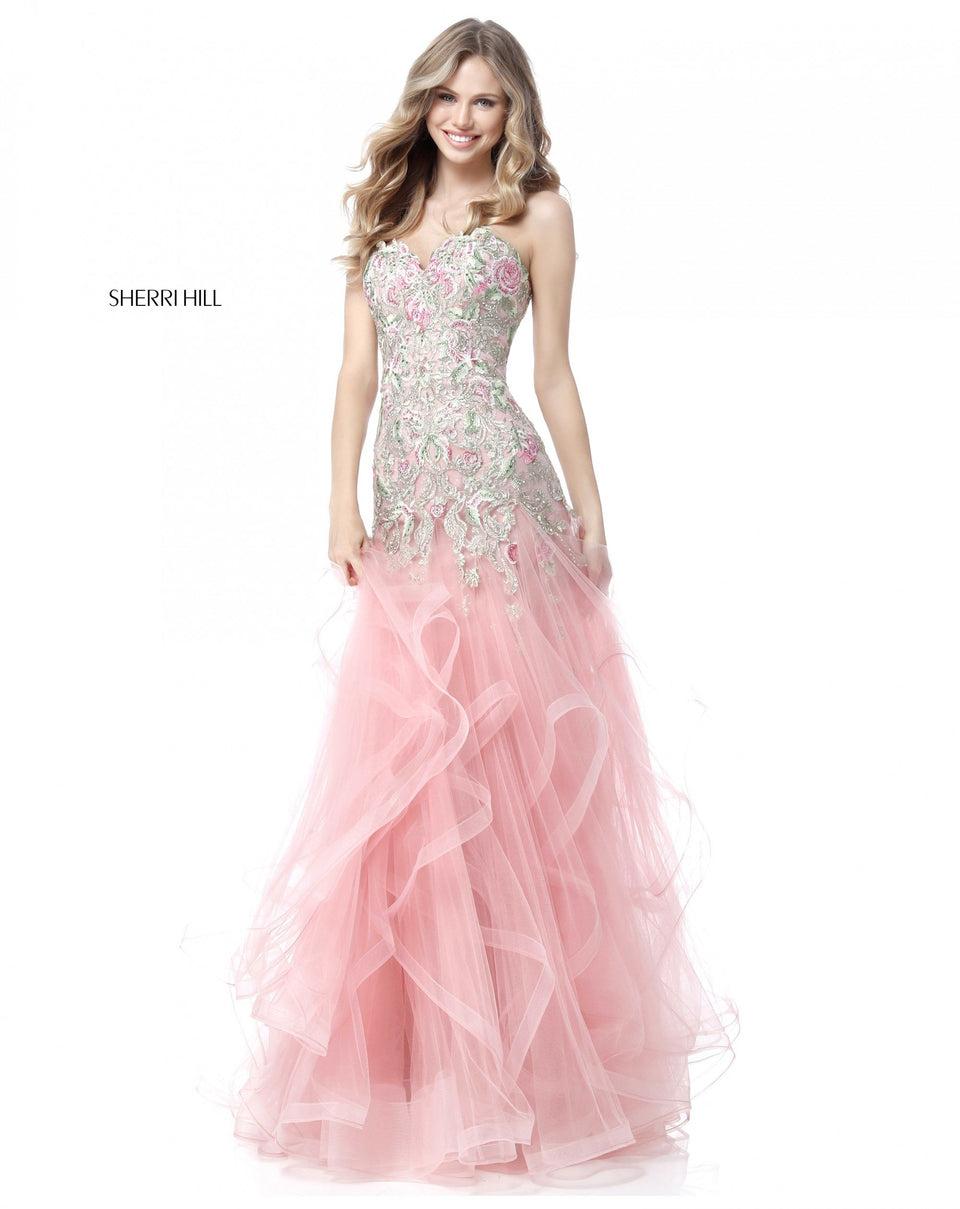 sherri hill Strapless sweetheart bodice with ruffle tulle skirt