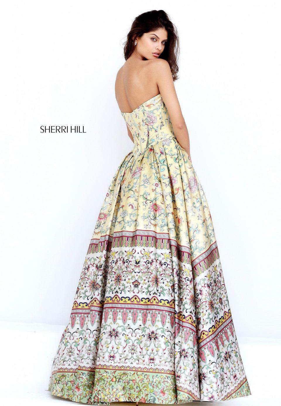 Sherri Hill Strapless Sweetheart Corset Print Ballgown