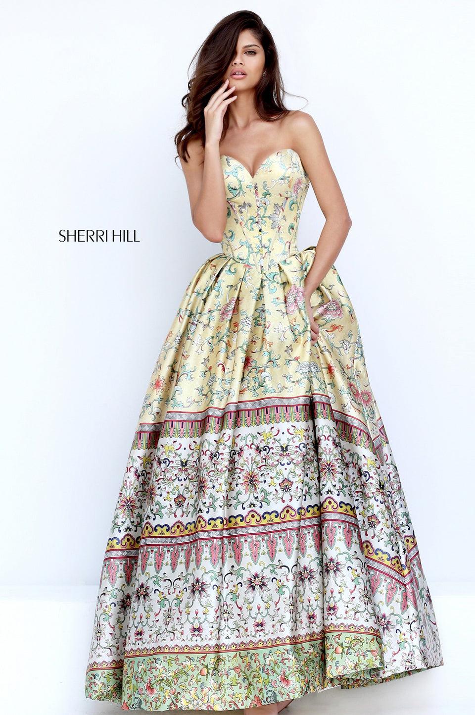 Sherri Hill Strapless Sweetheart Corset Print Ballgown