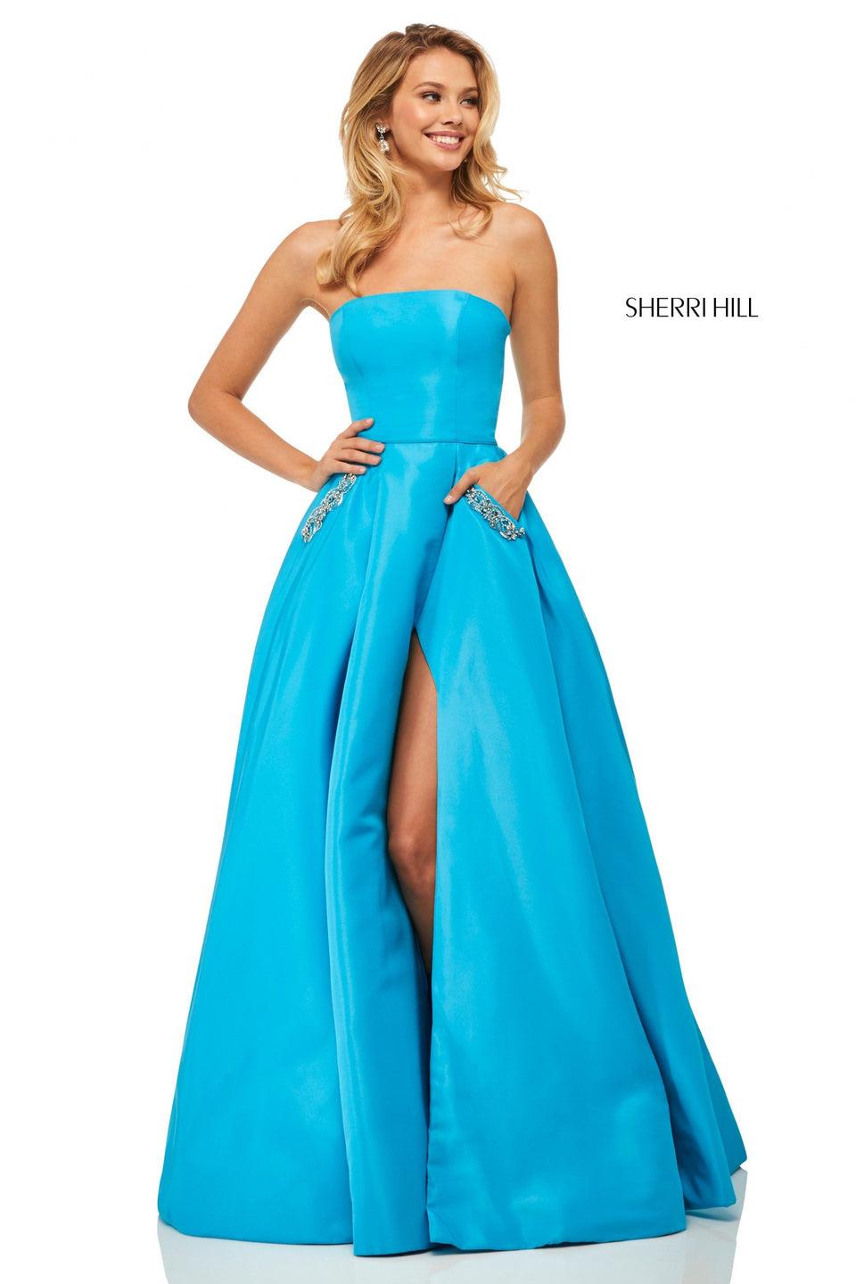 Sherri Hill Strapless Taffeta A-line Ball Gown With Beaded Pockets And A Slit