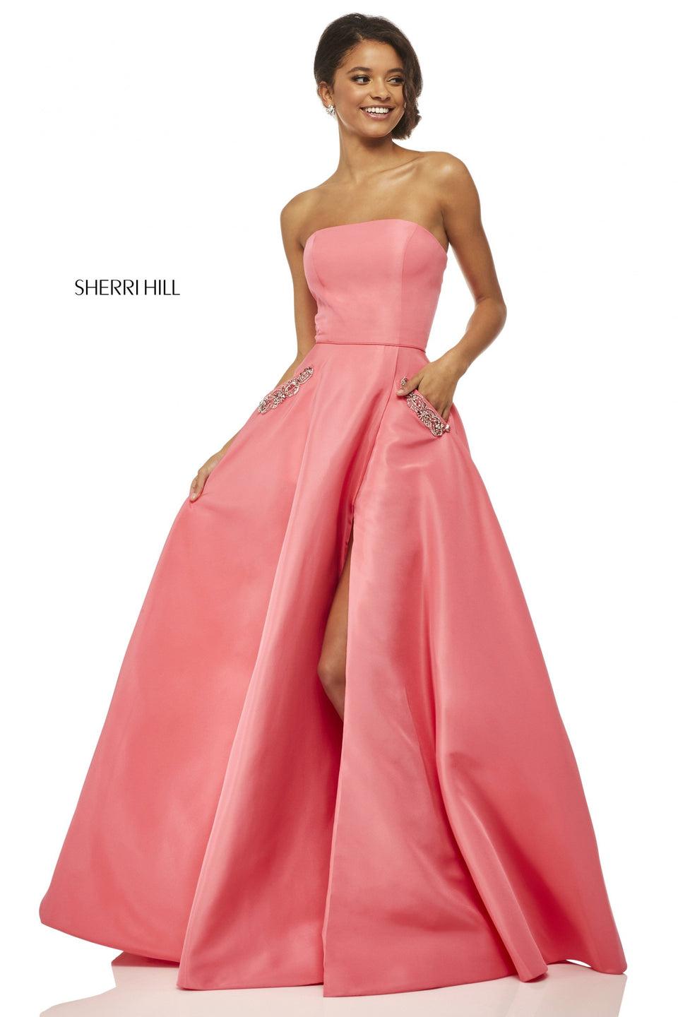 Sherri Hill Strapless Taffeta A-line Ball Gown With Beaded Pockets And A Slit