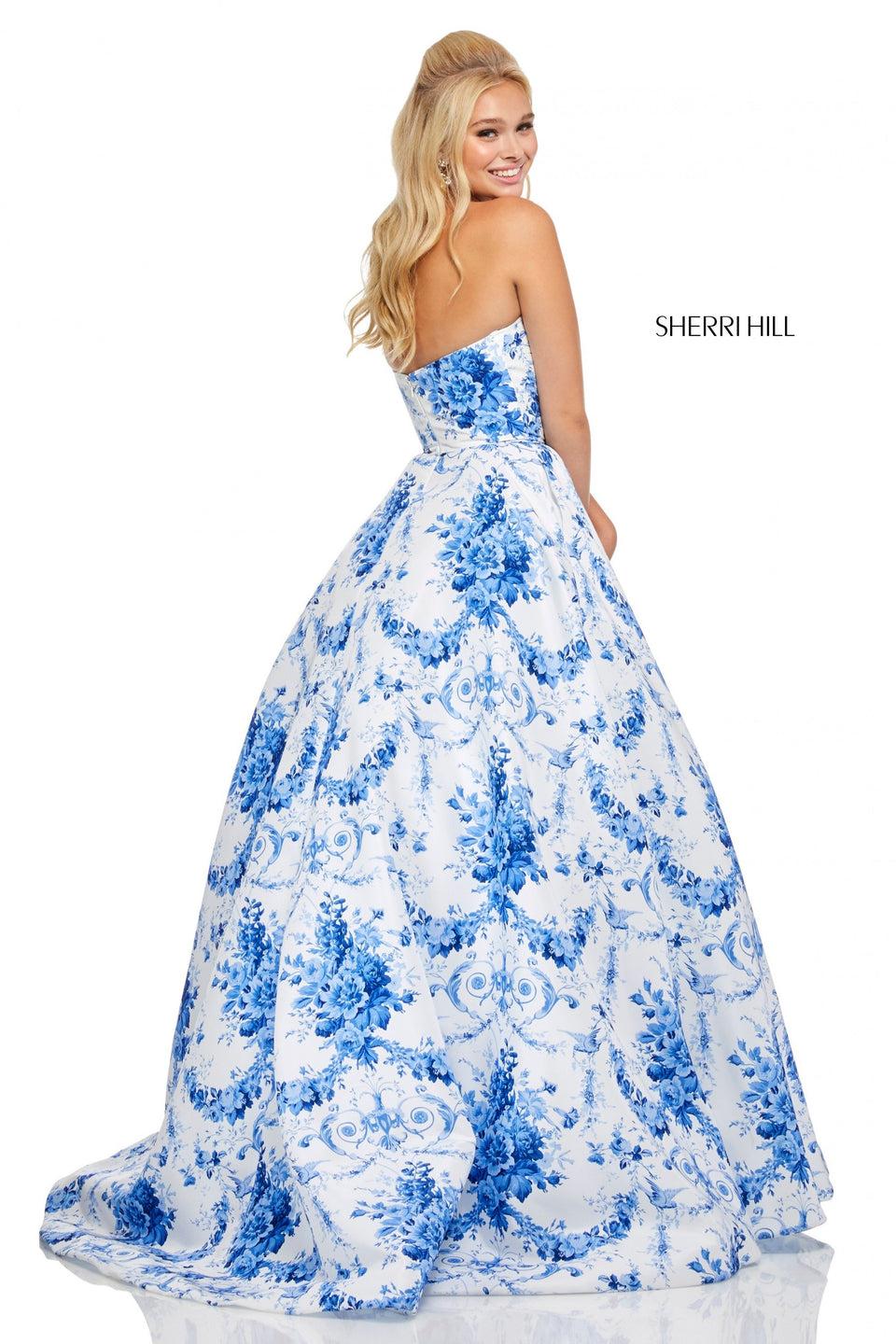 Sherri Hill Strapless Taffeta Ball Gown In Ivory Blue Print